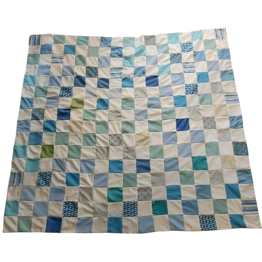1970s‎ Handmade Patchwork Quilt Blue White 82x85 Vintage Blue White